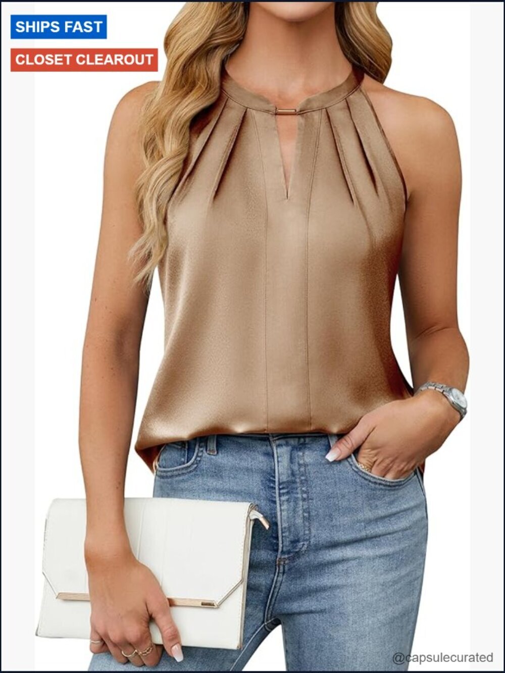 Satin Halter Tank Top Sleeveless Pleated Dressy Casual Blouse for Work